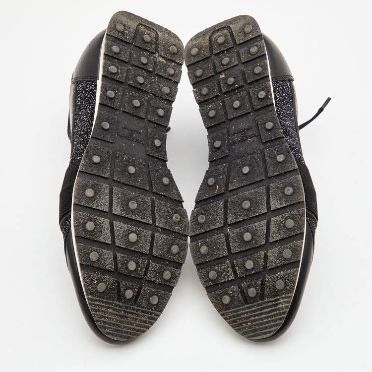 Pre Owned Balenciaga Black Leather, Metallic Knit Fabric and Stretch Band Race Runner Sneakers Size 38