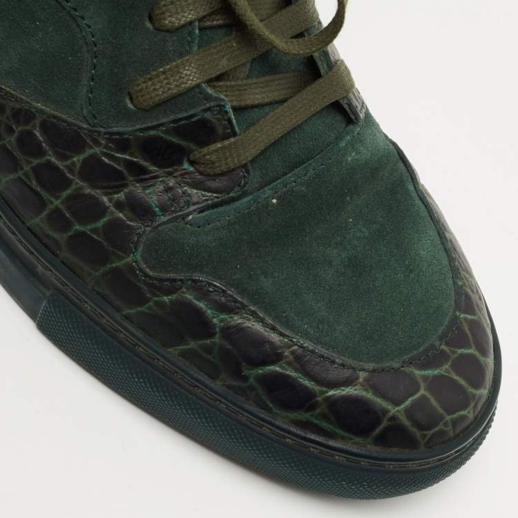 Pre Owned Balenciaga Green Croc Embossed Leather and Suede High Top Sneakers Size 39
