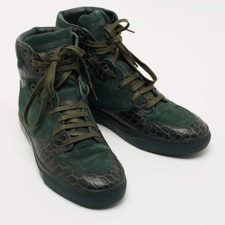 Pre Owned Balenciaga Green Croc Embossed Leather and Suede High Top Sneakers Size 39