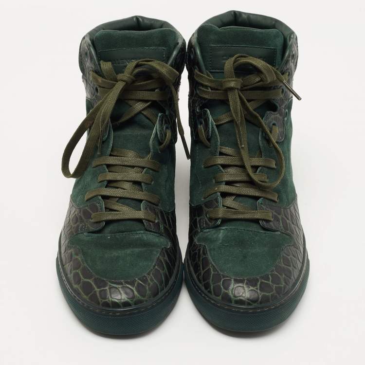 Pre Owned Balenciaga Green Croc Embossed Leather and Suede High Top Sneakers Size 39