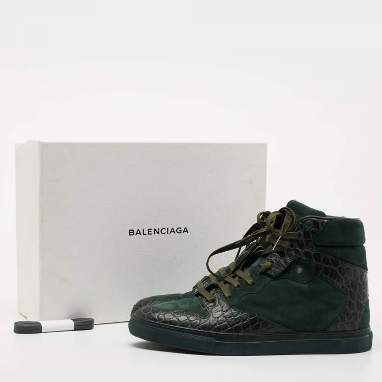Pre Owned Balenciaga Green Croc Embossed Leather and Suede High Top Sneakers Size 39