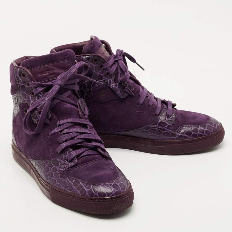Pre Owned Balenciaga Purple Crocodile Leather and Suede High Top Sneakers Size 39