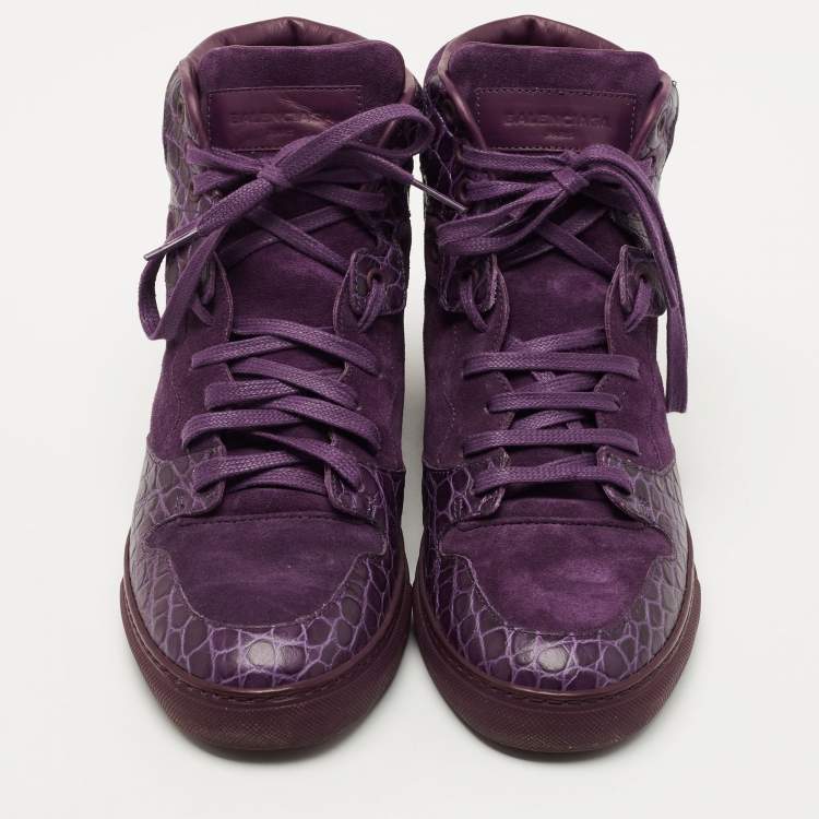 Pre Owned Balenciaga Purple Crocodile Leather and Suede High Top Sneakers Size 39