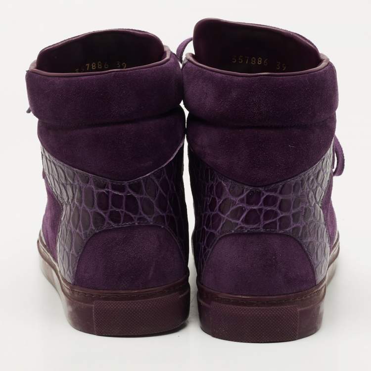 Pre Owned Balenciaga Purple Crocodile Leather and Suede High Top Sneakers Size 39