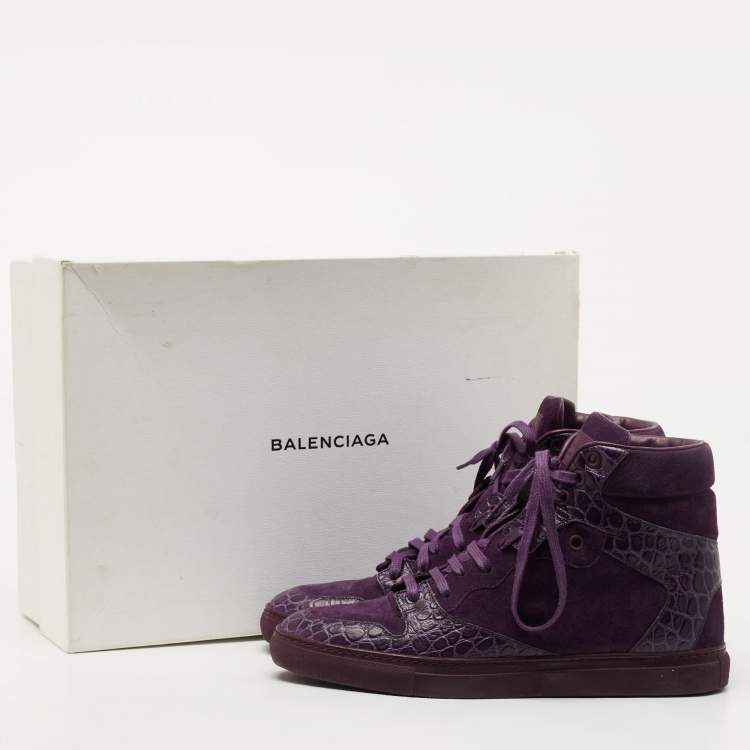 Pre Owned Balenciaga Purple Crocodile Leather and Suede High Top Sneakers Size 39