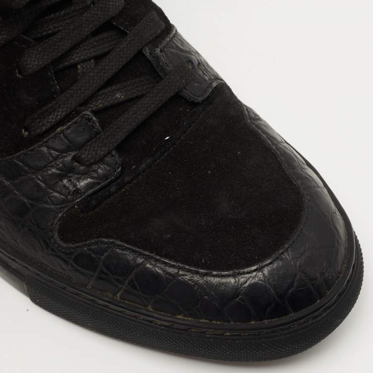 Pre Owned Balenciaga Black Croc Embossed Leather and Suede High Top Sneakers Size 39