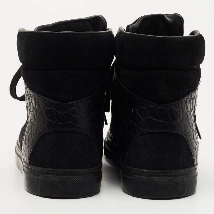 Pre Owned Balenciaga Black Croc Embossed Leather and Suede High Top Sneakers Size 39