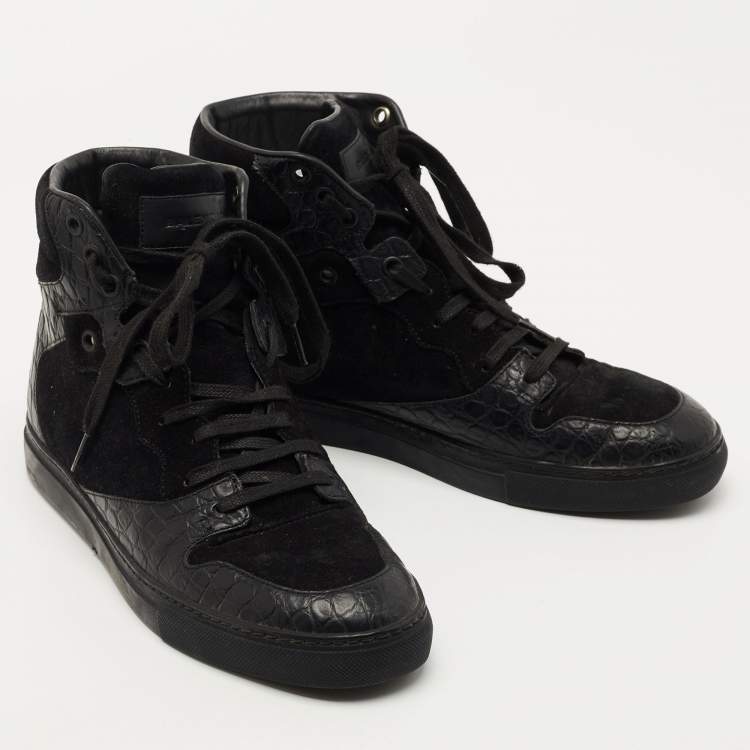 Pre Owned Balenciaga Black Croc Embossed Leather and Suede High Top Sneakers Size 39