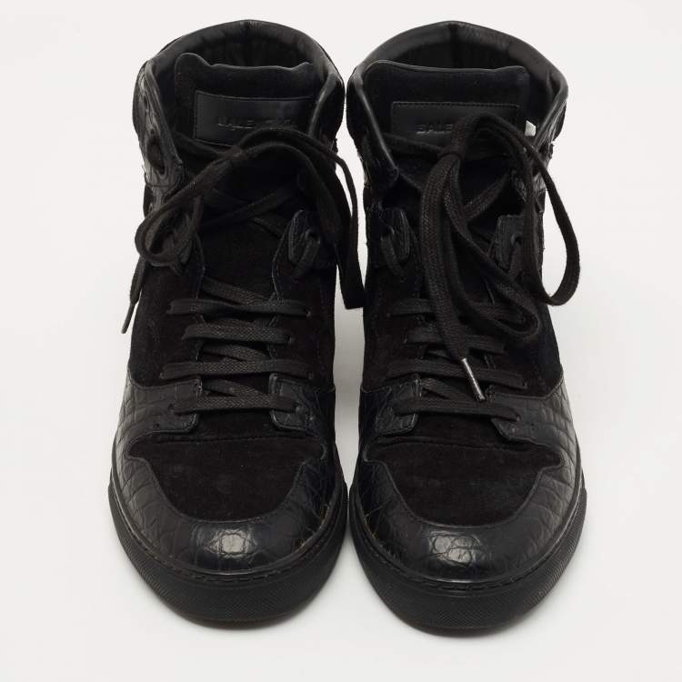 Pre Owned Balenciaga Black Croc Embossed Leather and Suede High Top Sneakers Size 39