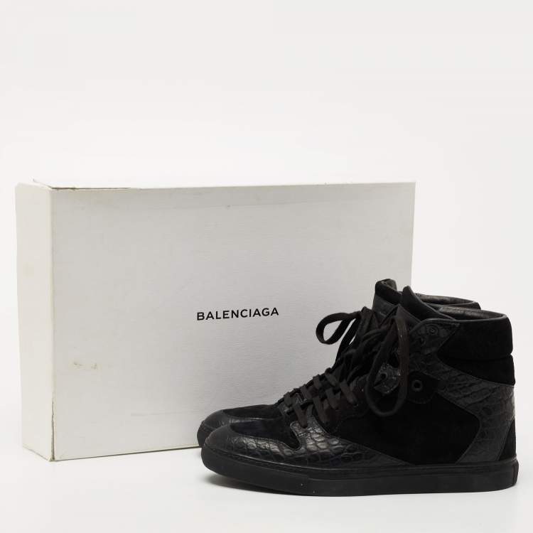 Pre Owned Balenciaga Black Croc Embossed Leather and Suede High Top Sneakers Size 39