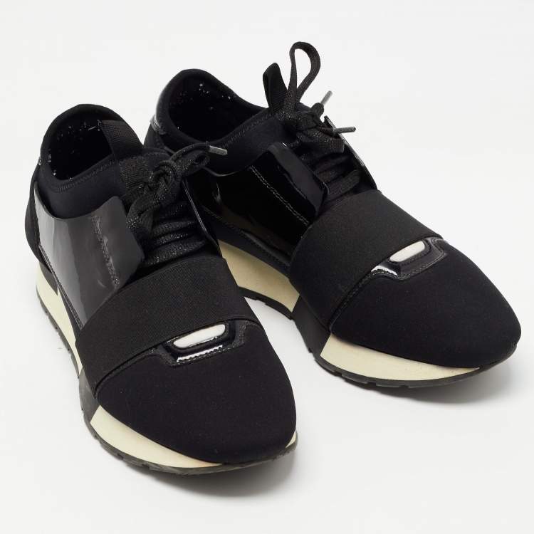 Pre Owned Balenciaga Black Patent Leather and Fabric Race Runner Sneakers Size 39