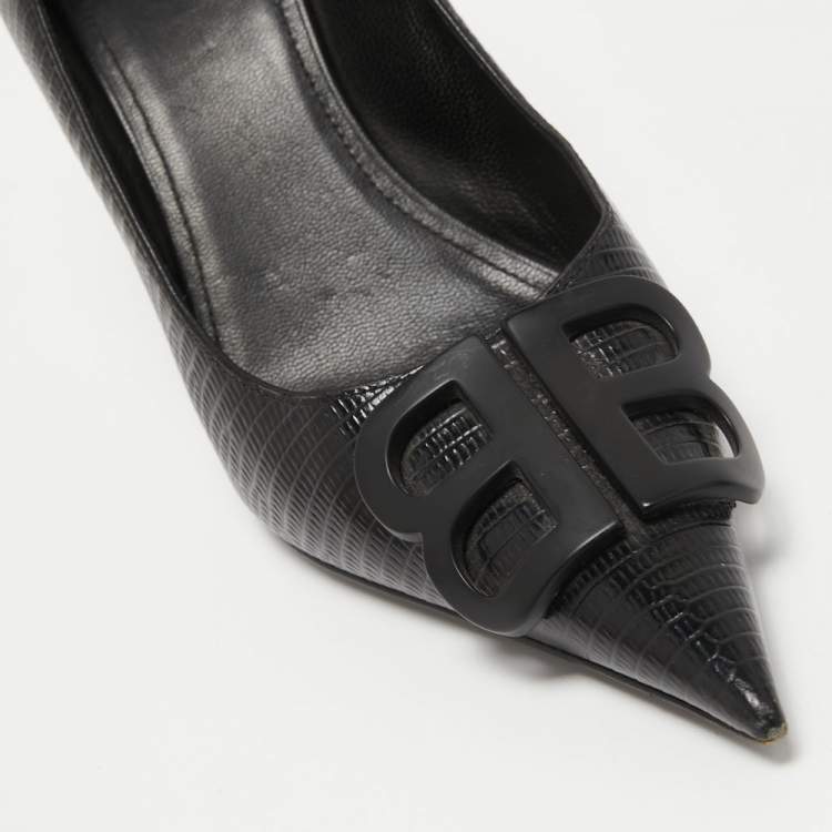 Pre Owned Balenciaga Black Lizard Embossed Leather BB Pumps Size 38