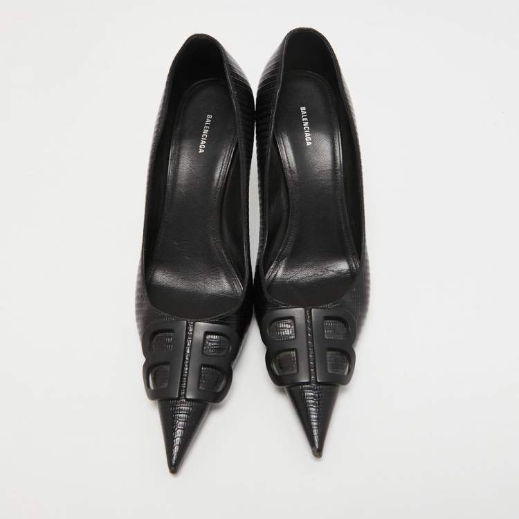 Pre Owned Balenciaga Black Lizard Embossed Leather BB Pumps Size 38