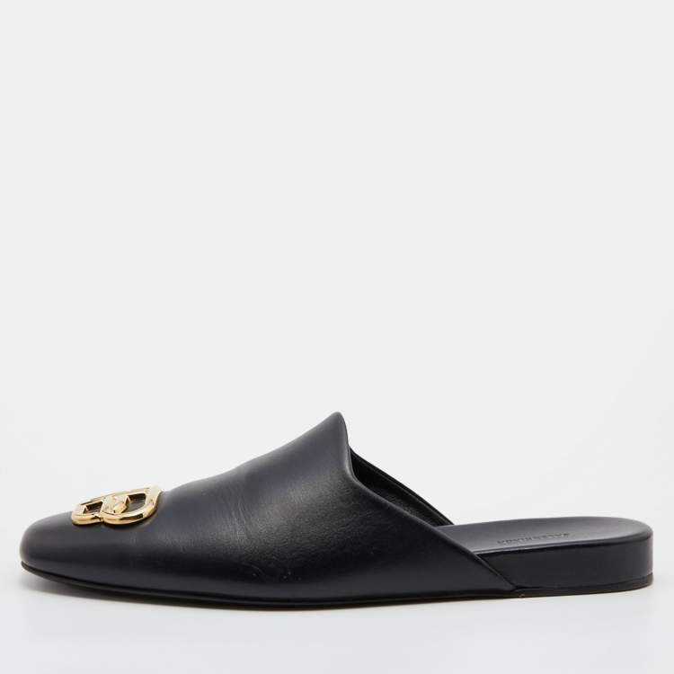 Pre Owned Balenciaga Black Leather Cosy BB Flat Mules Size 39