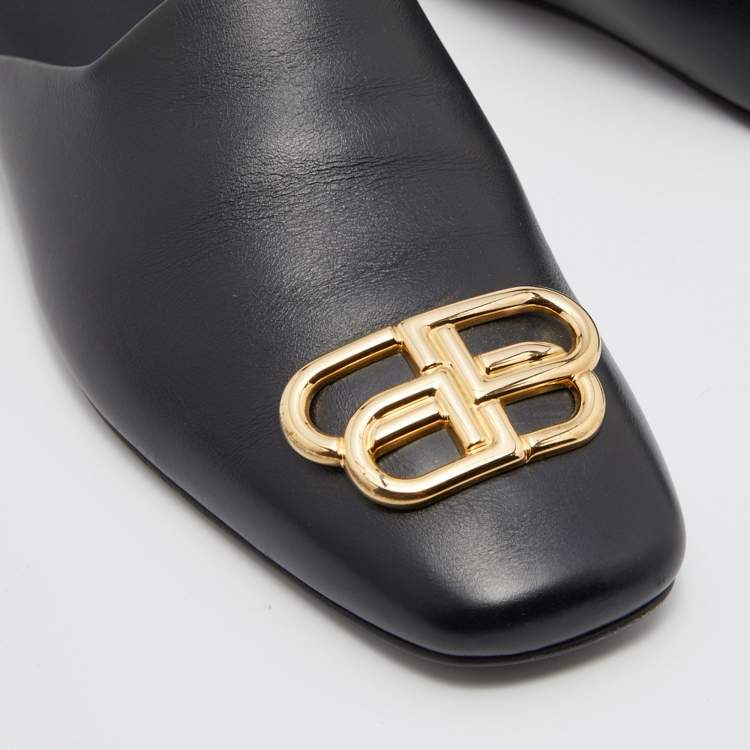 Pre Owned Balenciaga Black Leather Cosy BB Flat Mules Size 39