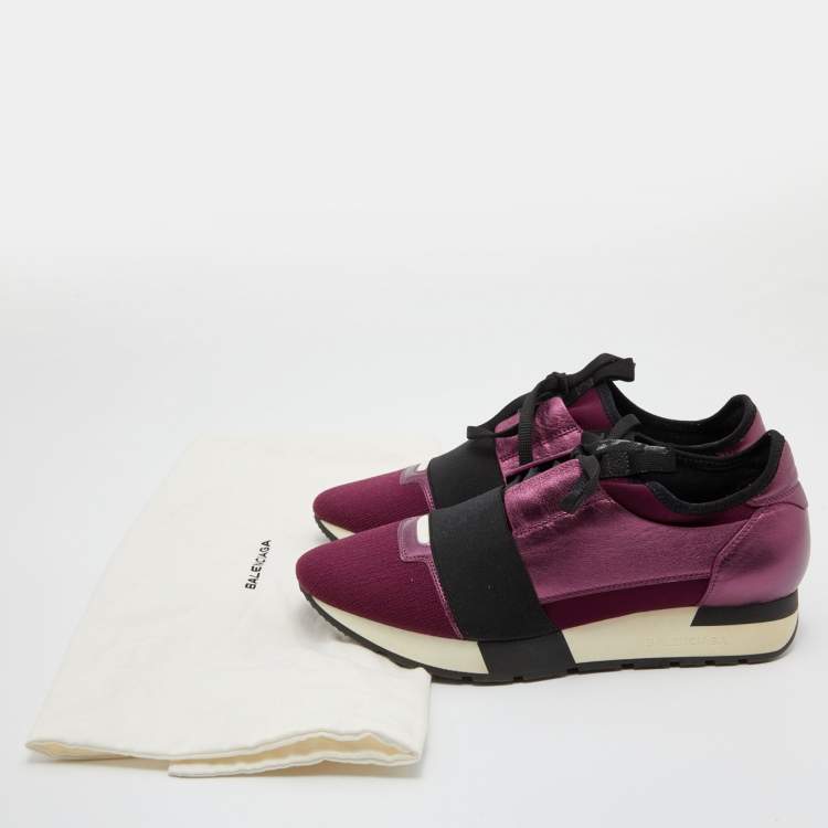 Pre Owned Balenciaga Plum/Black Leather and Stretch Fabric Race Runner Sneakers Size 38