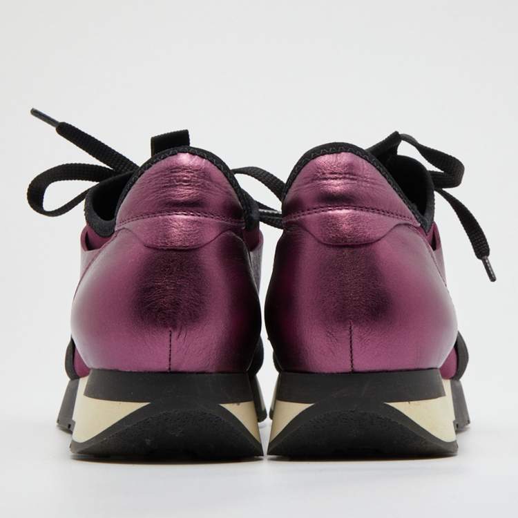 Pre Owned Balenciaga Plum/Black Leather and Stretch Fabric Race Runner Sneakers Size 38