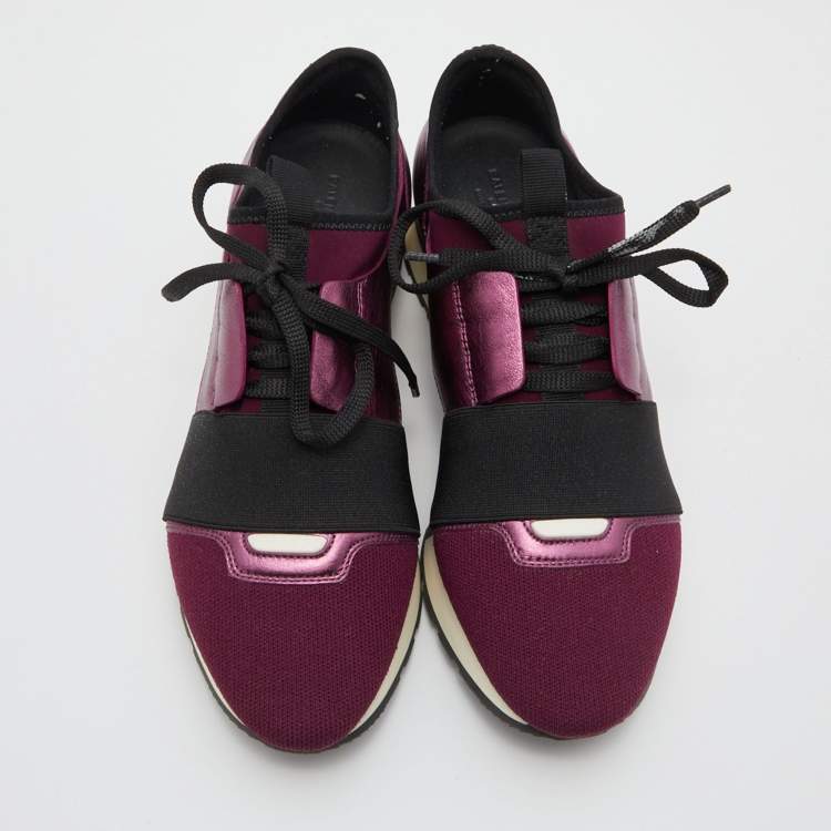 Pre Owned Balenciaga Plum/Black Leather and Stretch Fabric Race Runner Sneakers Size 38