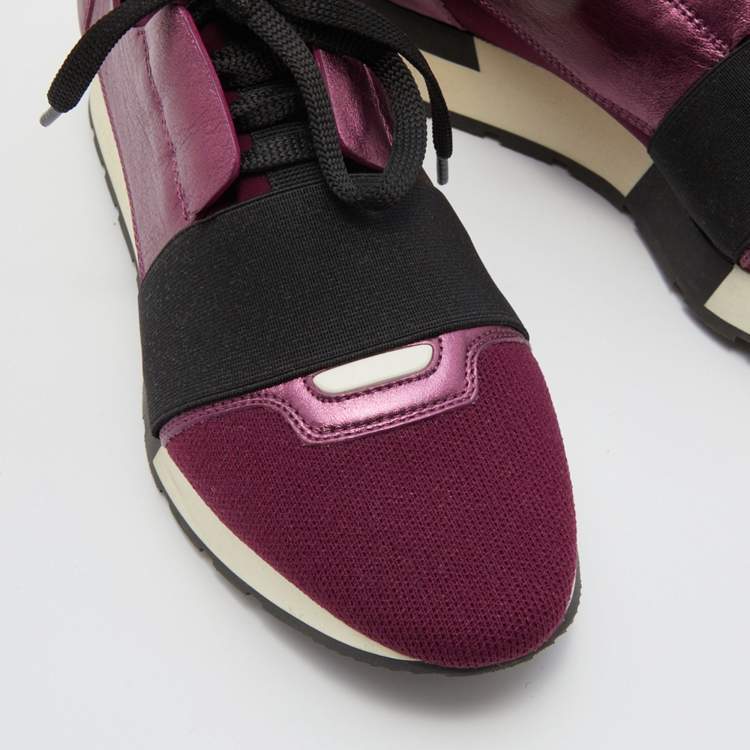Pre Owned Balenciaga Plum/Black Leather and Stretch Fabric Race Runner Sneakers Size 38