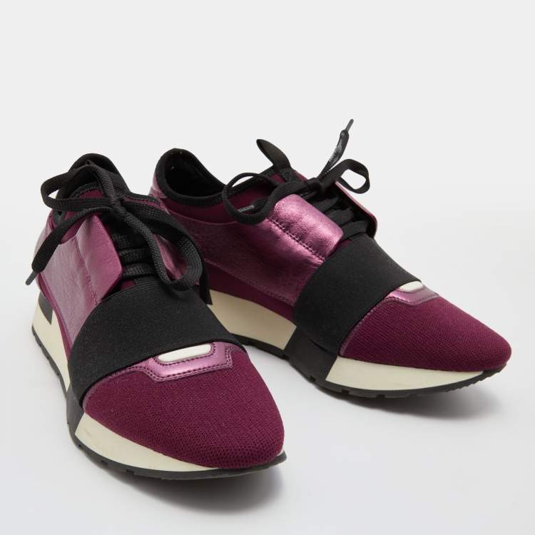 Pre Owned Balenciaga Plum/Black Leather and Stretch Fabric Race Runner Sneakers Size 38