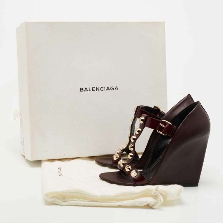 Pre Owned Balenciaga Burgundy Leather Arena Wedge Sandals Size 37