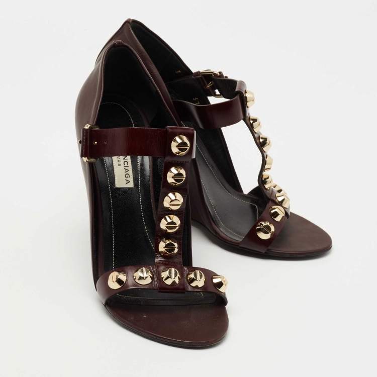 Pre Owned Balenciaga Burgundy Leather Arena Wedge Sandals Size 37