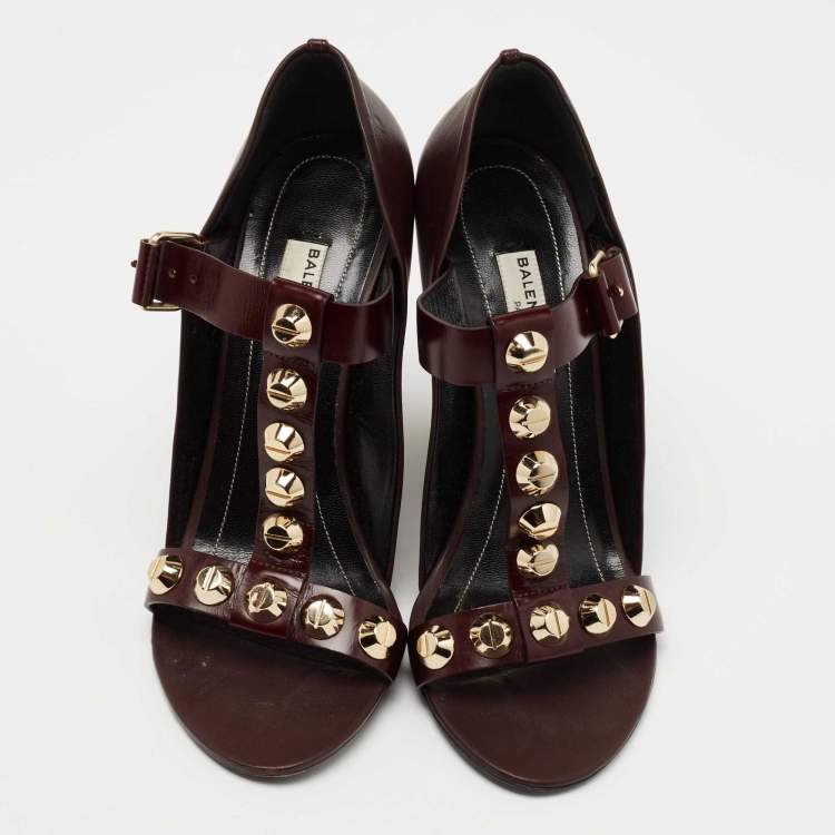 Pre Owned Balenciaga Burgundy Leather Arena Wedge Sandals Size 37