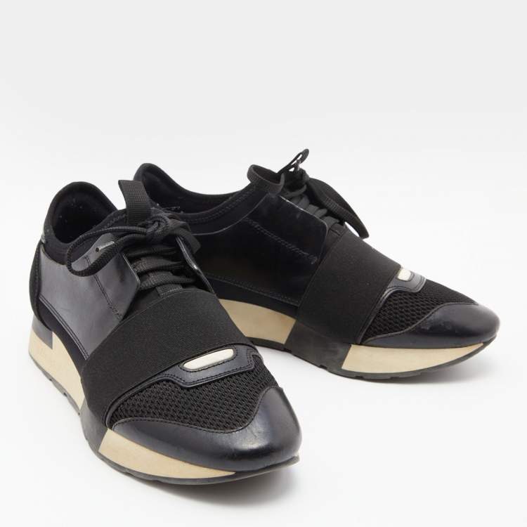 مملوكة مسبقًا Balenciaga Black Leather, Suede and Mesh Race Runner Sneakers Size 36