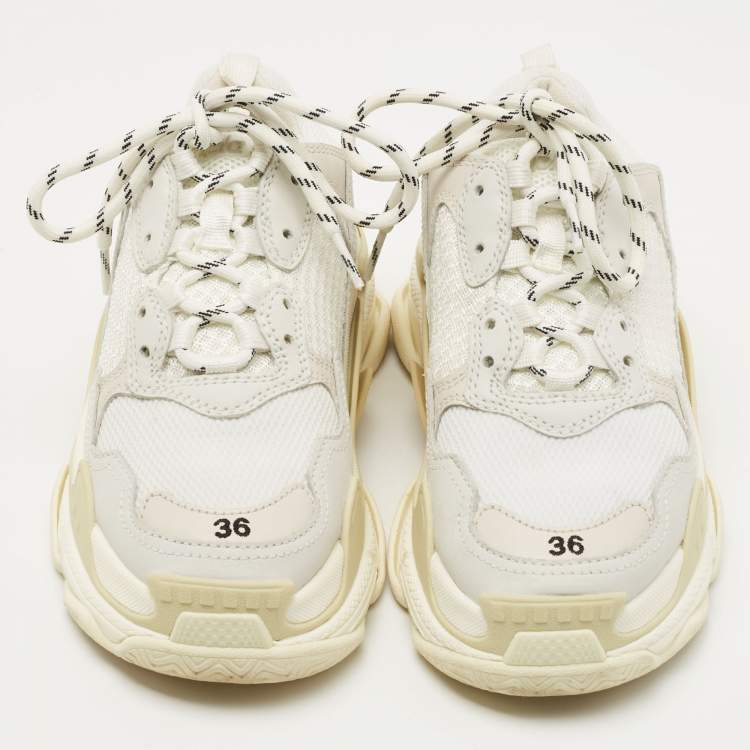 Pre Owned Balenciaga White/Grey Leather and Mesh Triple S Sneakers Size 36