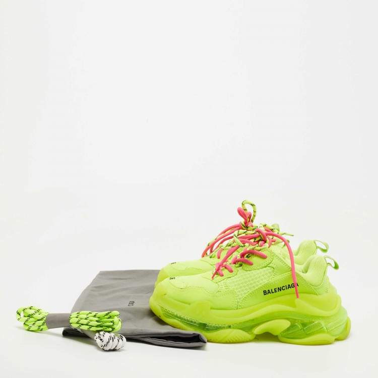 Pre Owned Balenciaga Neon Green Leather and Mesh Triple S Clear Sneakers Size 36