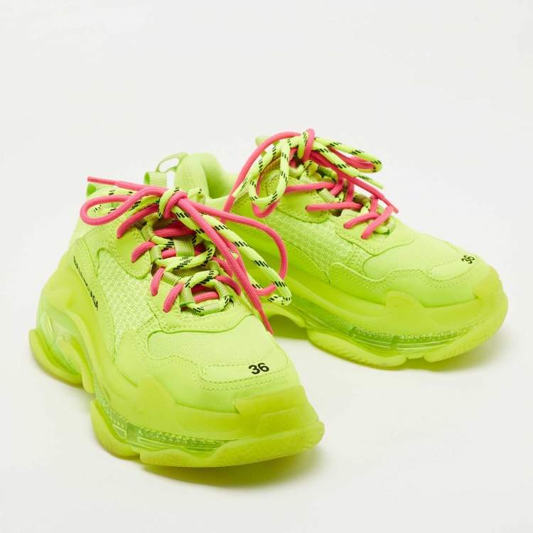 Pre Owned Balenciaga Neon Green Leather and Mesh Triple S Clear Sneakers Size 36