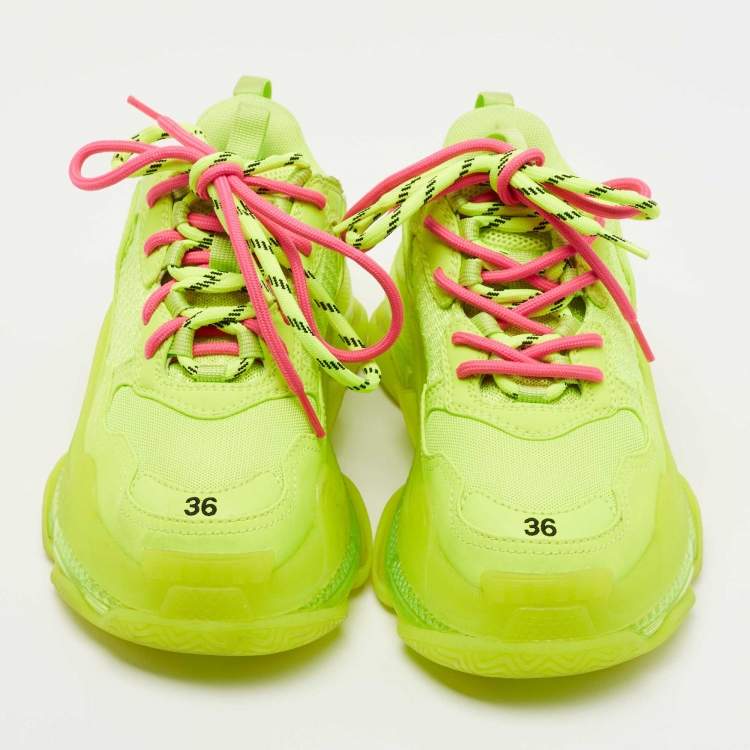 Pre Owned Balenciaga Neon Green Leather and Mesh Triple S Clear Sneakers Size 36