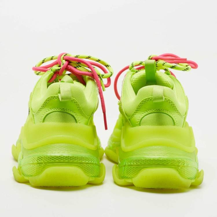 Pre Owned Balenciaga Neon Green Leather and Mesh Triple S Clear Sneakers Size 36