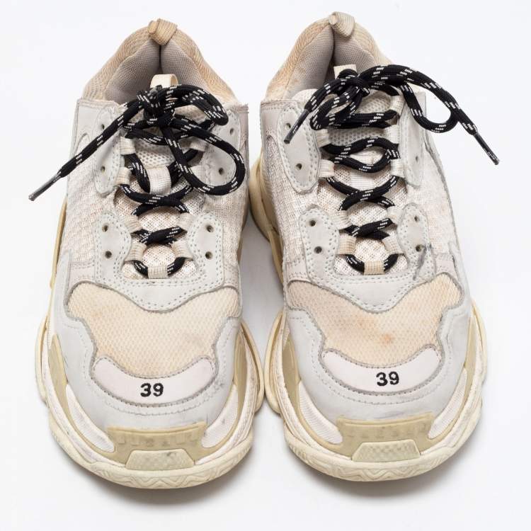 Pre Owned Balenciaga White Mesh and Leather Triple S Sneakers Size 39