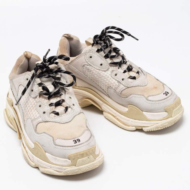 Pre Owned Balenciaga White Mesh and Leather Triple S Sneakers Size 39