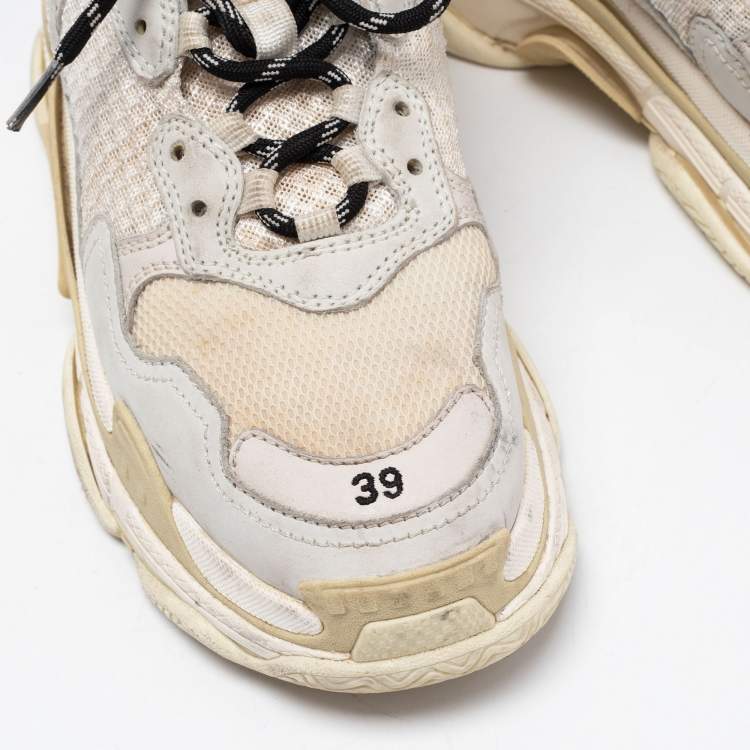 Pre Owned Balenciaga White Mesh and Leather Triple S Sneakers Size 39