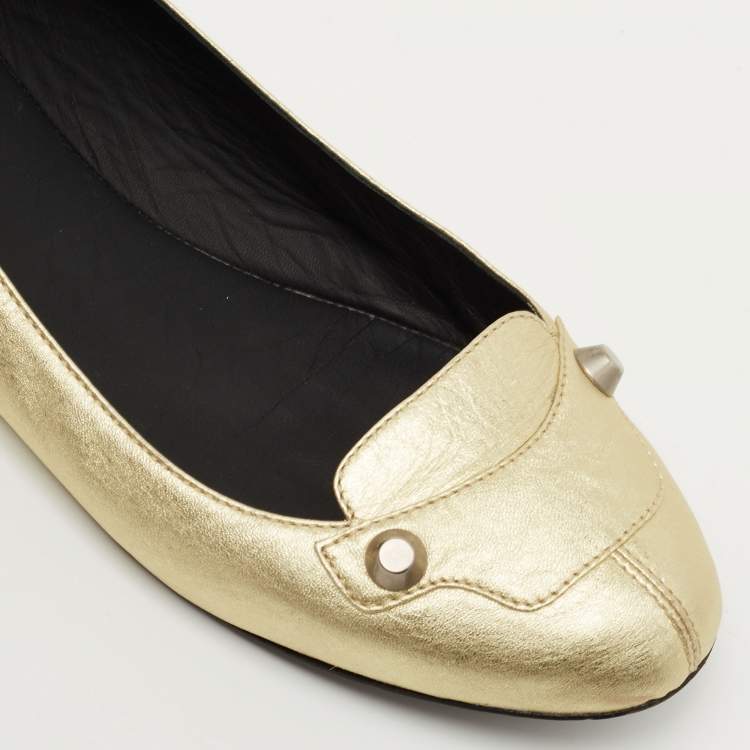 Pre Owned Balenciaga Gold Leather Studded Ballet Flats Size 38