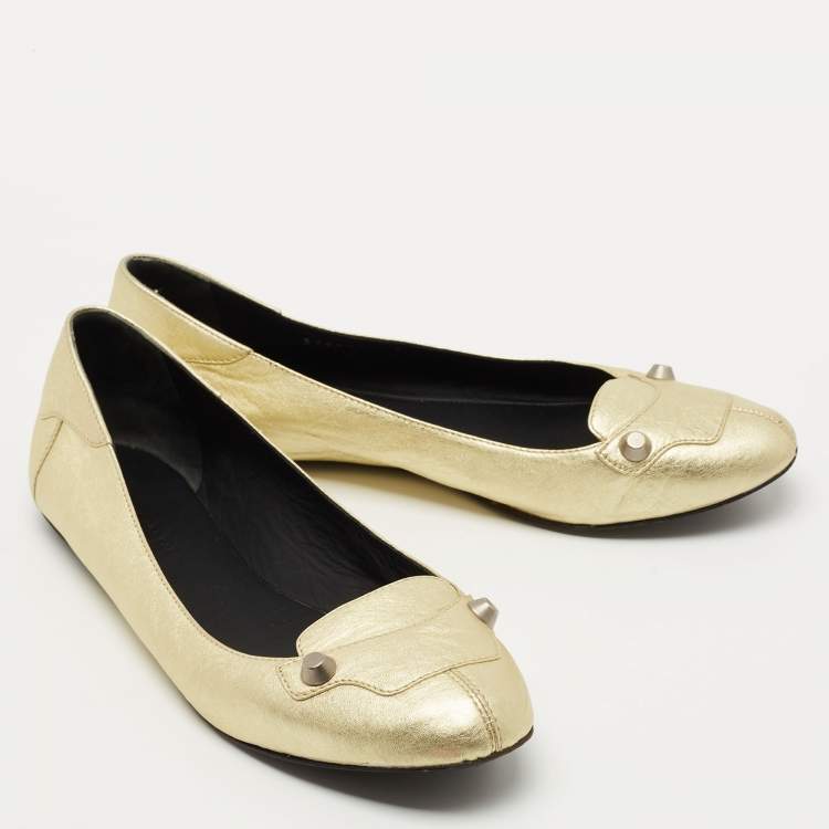 Pre Owned Balenciaga Gold Leather Studded Ballet Flats Size 38