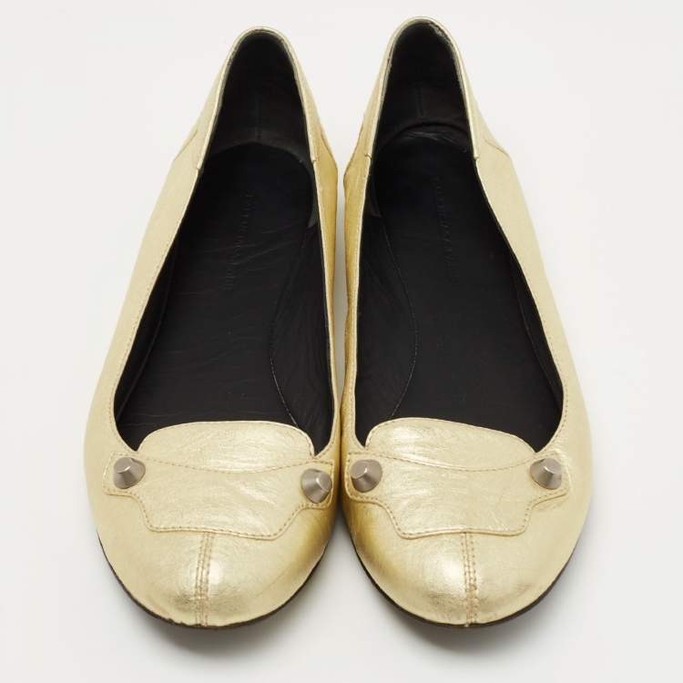 Pre Owned Balenciaga Gold Leather Studded Ballet Flats Size 38