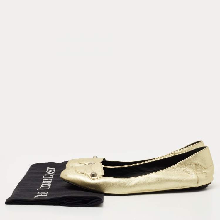 Pre Owned Balenciaga Gold Leather Studded Ballet Flats Size 38