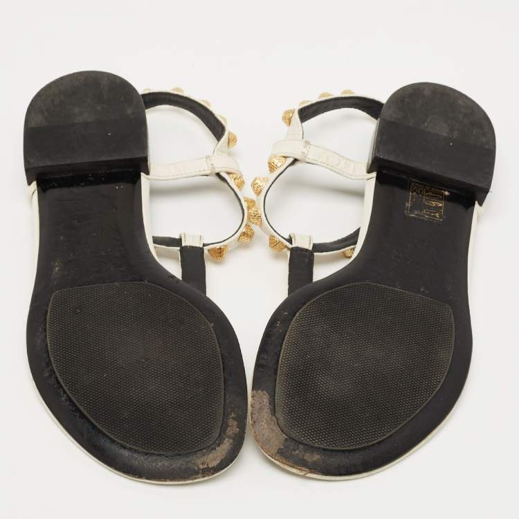 Pre Owned Balenciaga White Leather Arena Ankle Strap Flat Sandals Size 37.5