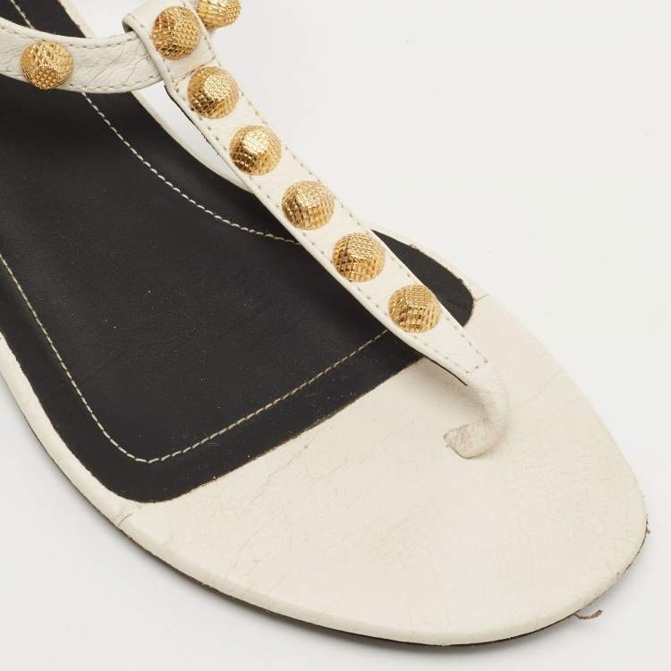 Pre Owned Balenciaga White Leather Arena Ankle Strap Flat Sandals Size 37.5
