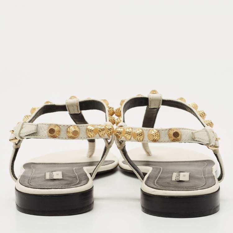 Pre Owned Balenciaga White Leather Arena Ankle Strap Flat Sandals Size 37.5