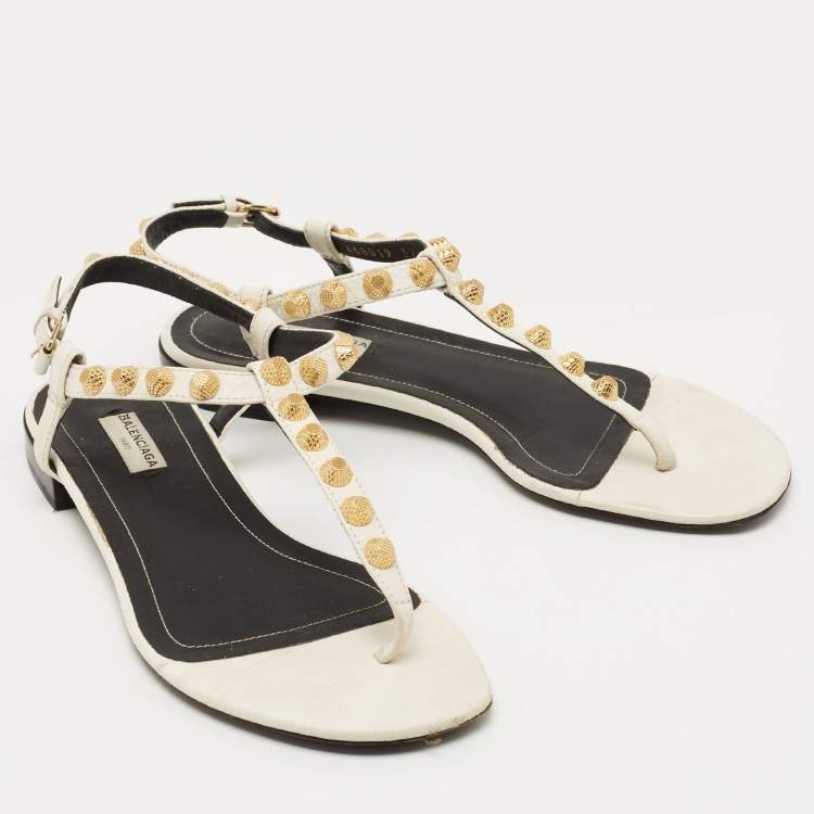 Pre Owned Balenciaga White Leather Arena Ankle Strap Flat Sandals Size 37.5
