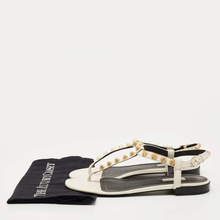 Pre Owned Balenciaga White Leather Arena Ankle Strap Flat Sandals Size 37.5