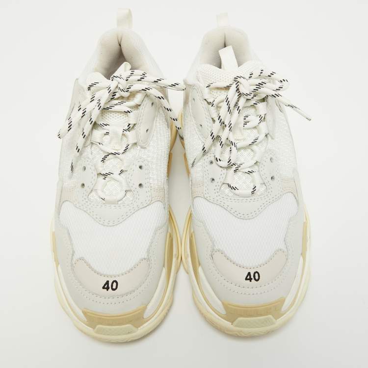 Pre Owned Balenciaga White Leather and Mesh Triple S Sneakers Size 40