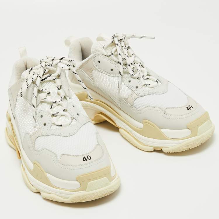 Pre Owned Balenciaga White Leather and Mesh Triple S Sneakers Size 40
