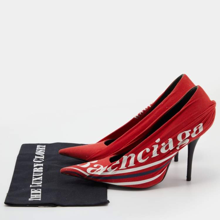 Pre Owned Balenciaga Orange Fabric Knife Logo Pointed Toe Pumps Size 37