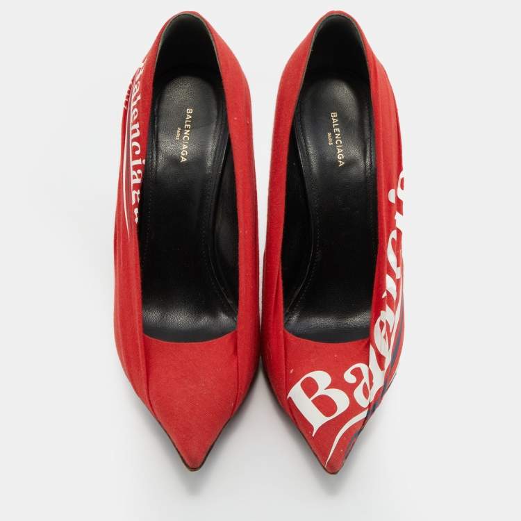 Pre Owned Balenciaga Orange Fabric Knife Logo Pointed Toe Pumps Size 37