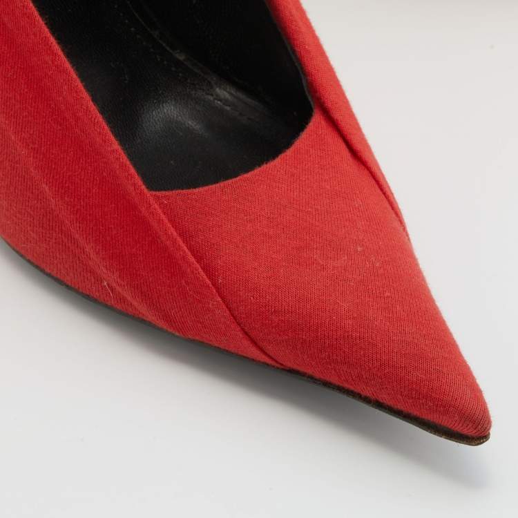 Pre Owned Balenciaga Orange Fabric Knife Logo Pointed Toe Pumps Size 37